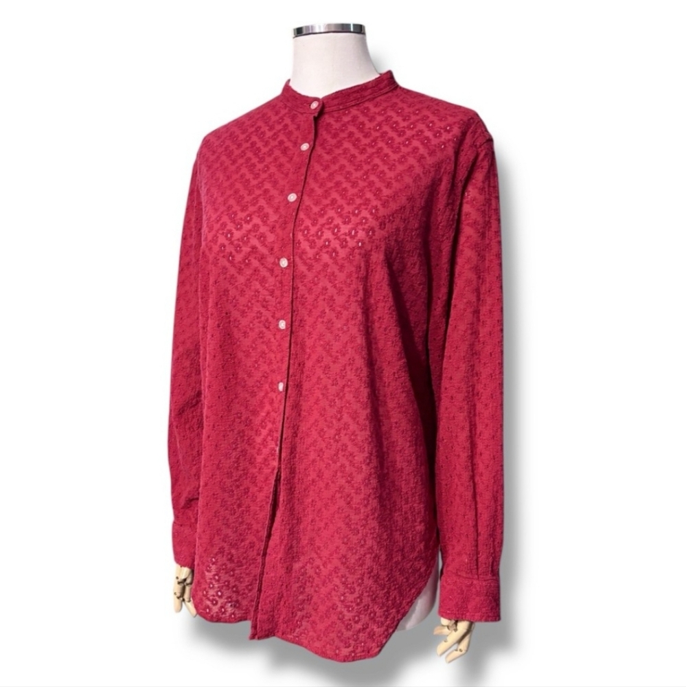 LAUREN RALPH LAUREN Red Eyelet Band Collar button Front Shirt VINTAGE